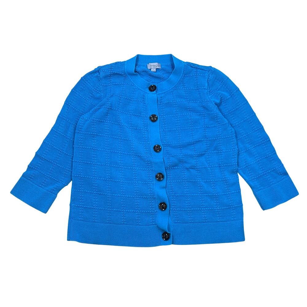 Amber sun cotton cable knit checker blue button up cardigan sweater Large
